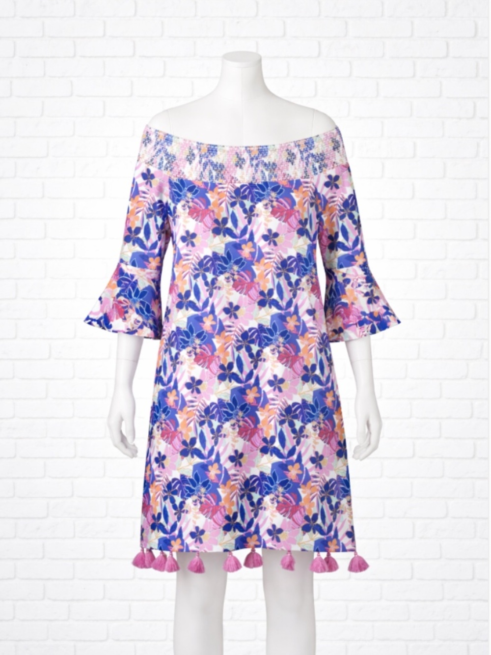 Cabana Life Off Shoulder Shift Dress Womens M UPF 50+  Tassel Floral Resort